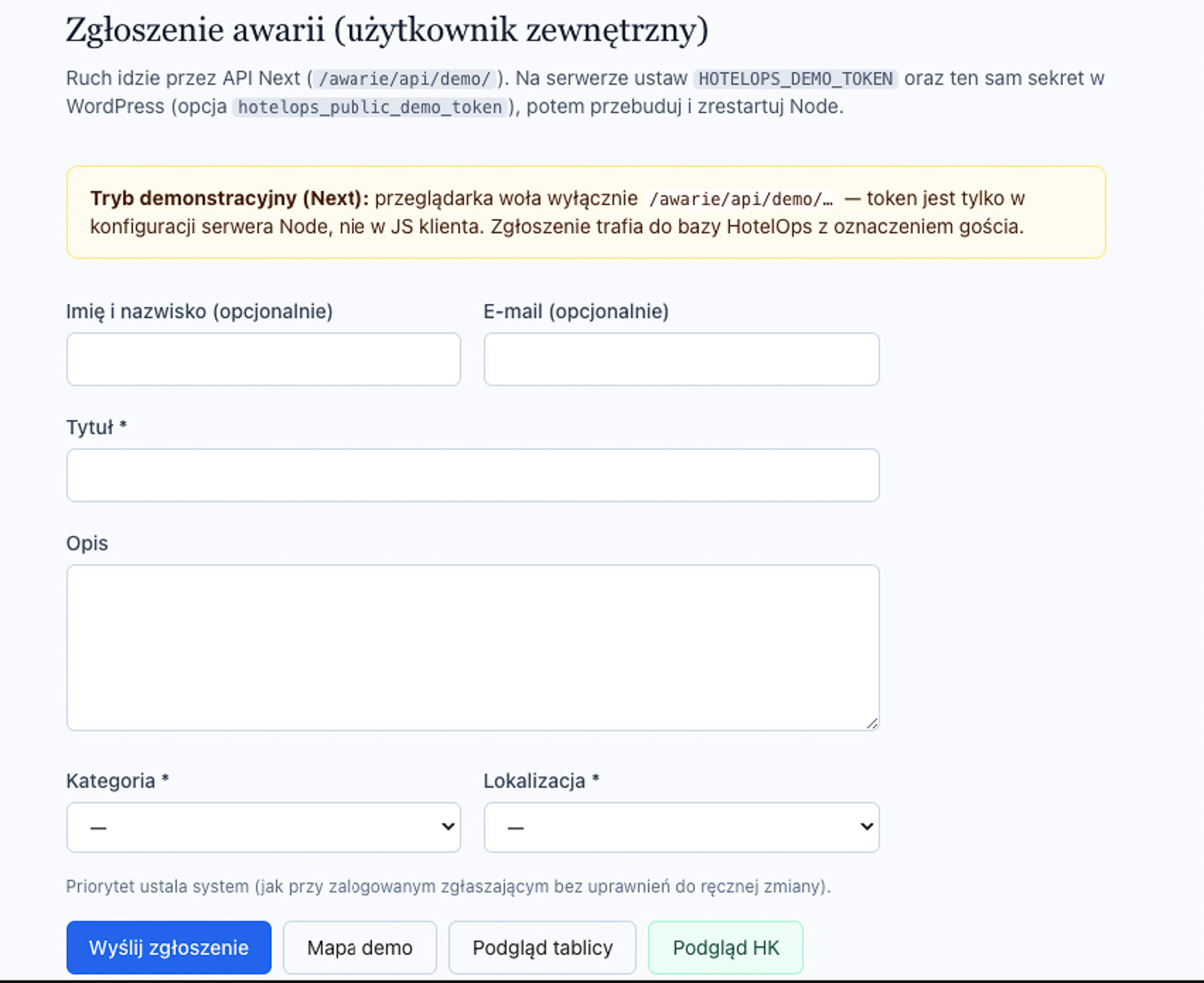 Formularz zgłoszenia awarii przez gościa w HotelOps demo