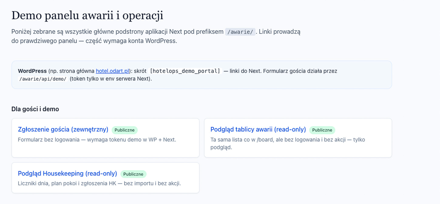 Podgląd tablicy awarii HotelOps — lista zgłoszeń (read-only)